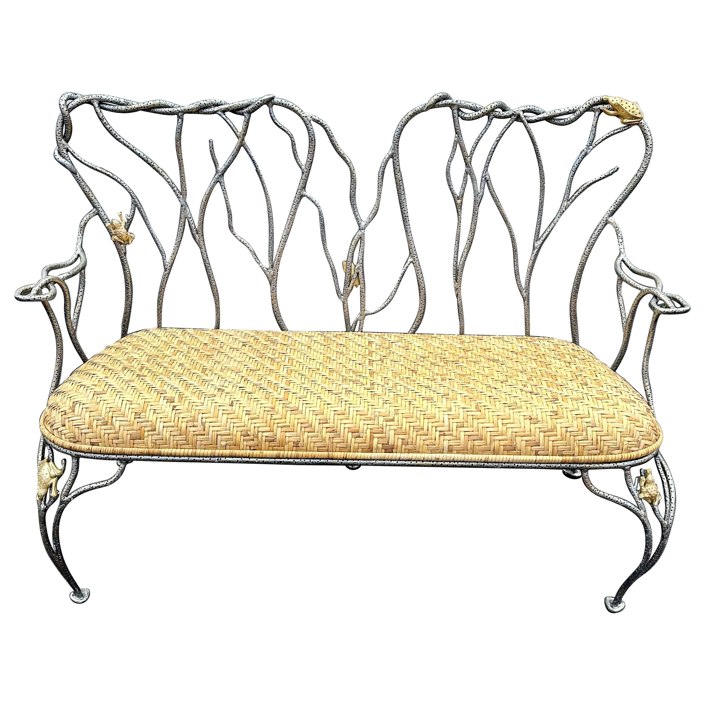 1970s Sculptural Faux Wood Branches Frog Motifs Wrought Iron Rattan Settee Bench For Sale
