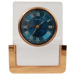 Vintage Modernist Lucite & Brass Table Alarm Clock by Bulova