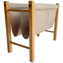 Mid Century Danish Magazine Rack In Teak & Natural Linen By Pbj Mobler, 1960s