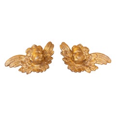 18th Pair of Wooden Heads of Two Cherubs with Golden Wings