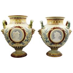 Pair of Mettlach Pottery Two Handled Bulbous Urns, circa 1900