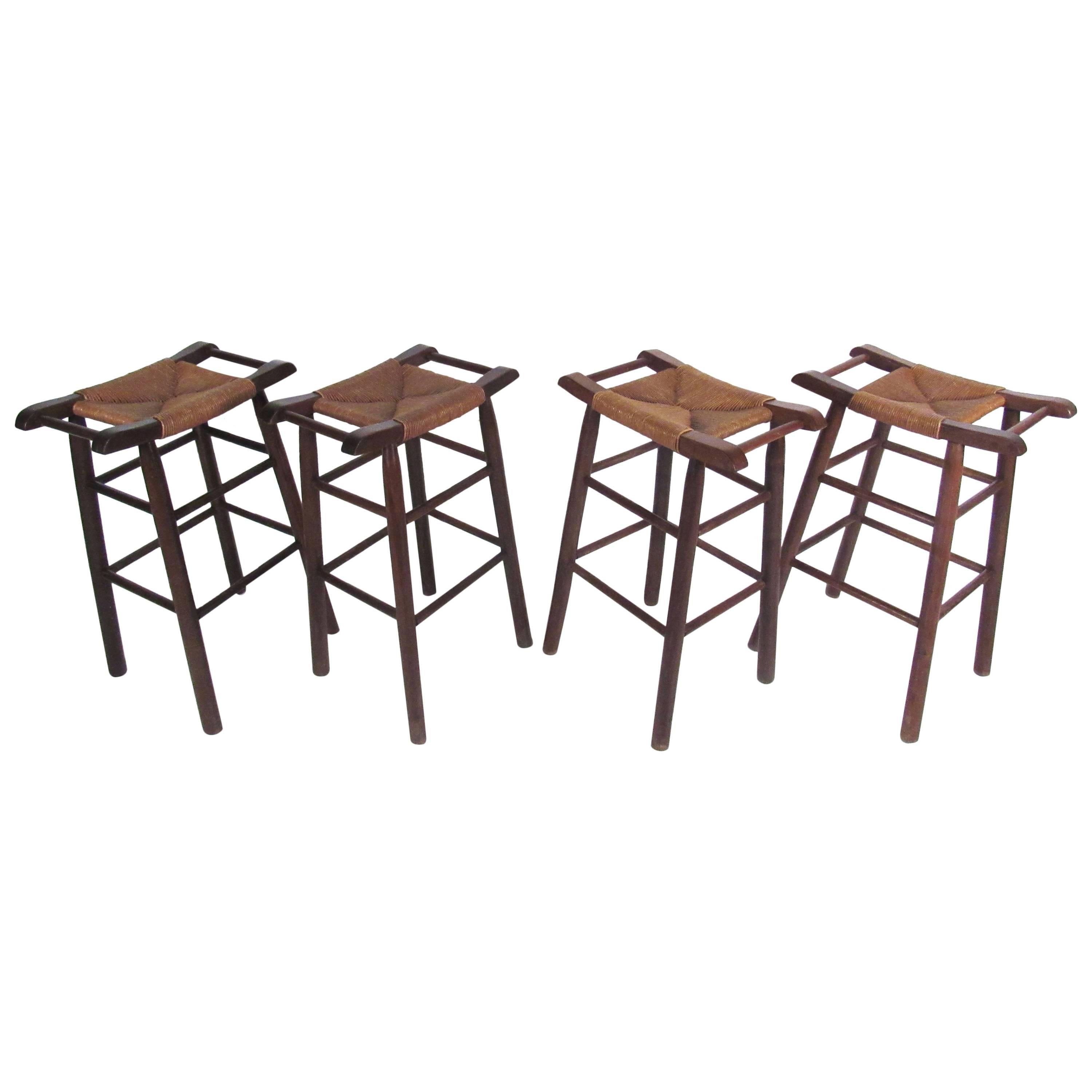 Unique Vintage Set of Rush Seat Bar Stools in the Style of Charlotte Perriand