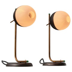 1950s Modernist Table Lamps - Brass and Iron with Central Hole Opaline Glass