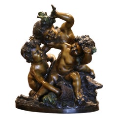 Composición de Querubín de Bronce Patinado Francés del Siglo XIX Firmado Raphael Ch. Peyre