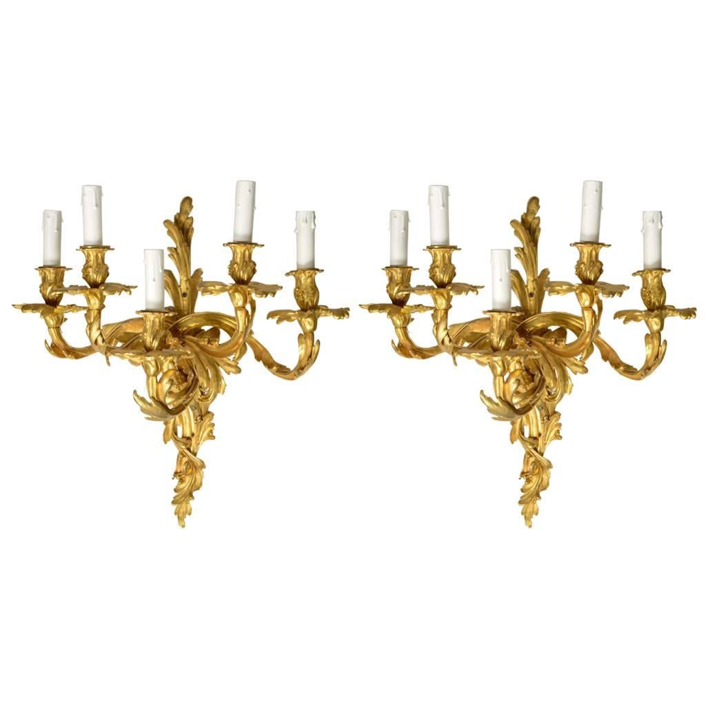Pair of Gorgeous Gilded Bronze Sconces, Louis XV Style For Sale
