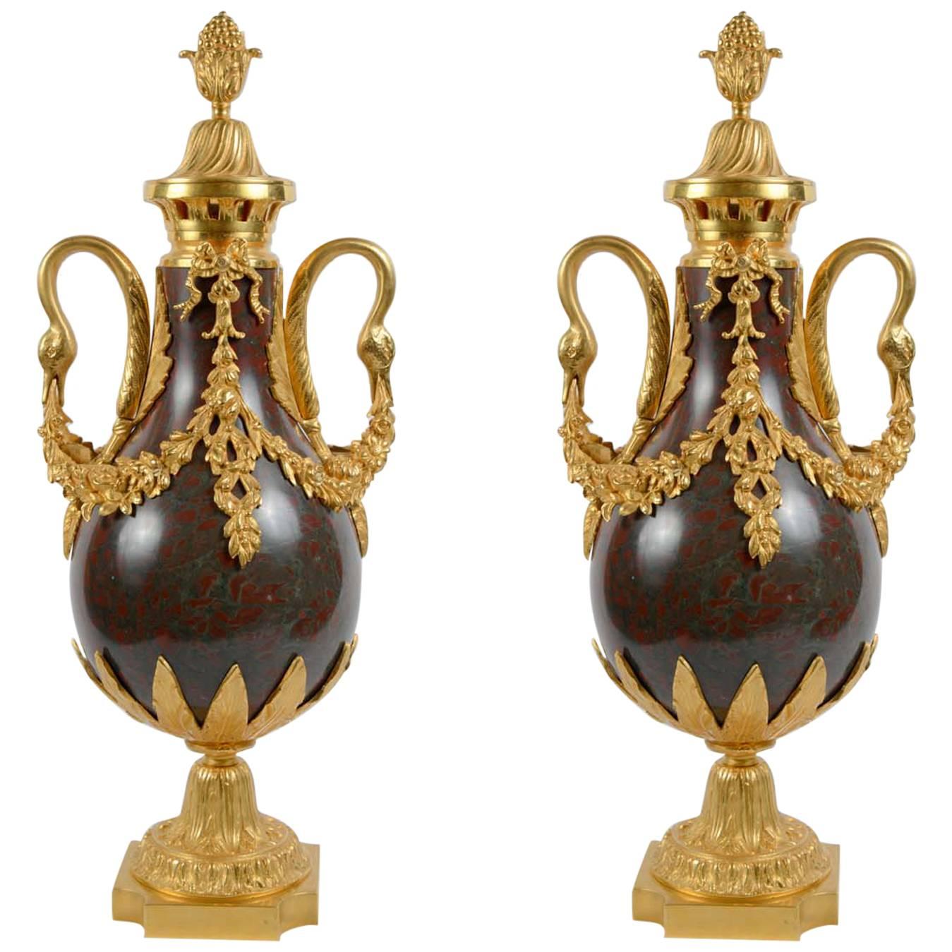 Gorgeous Pair of Red Marble Urns For Sale