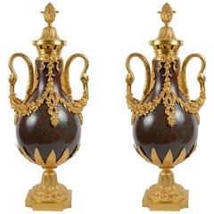 Gorgeous Pair of Red Marble Urns