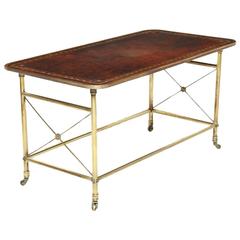 A Mid-20th Century French Brass, Wood and Leather Coffee Table