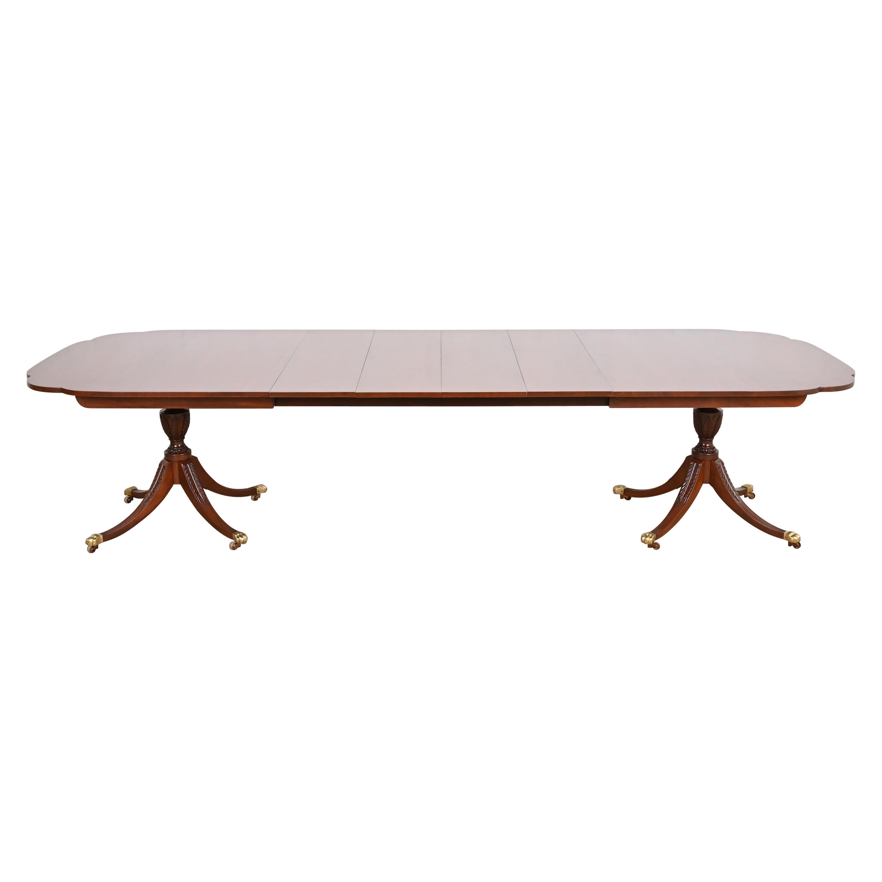 Kindel Furniture Georgianischer Mahagoni-Esstisch mit doppeltem Sockel ausziehbarem Sockel
