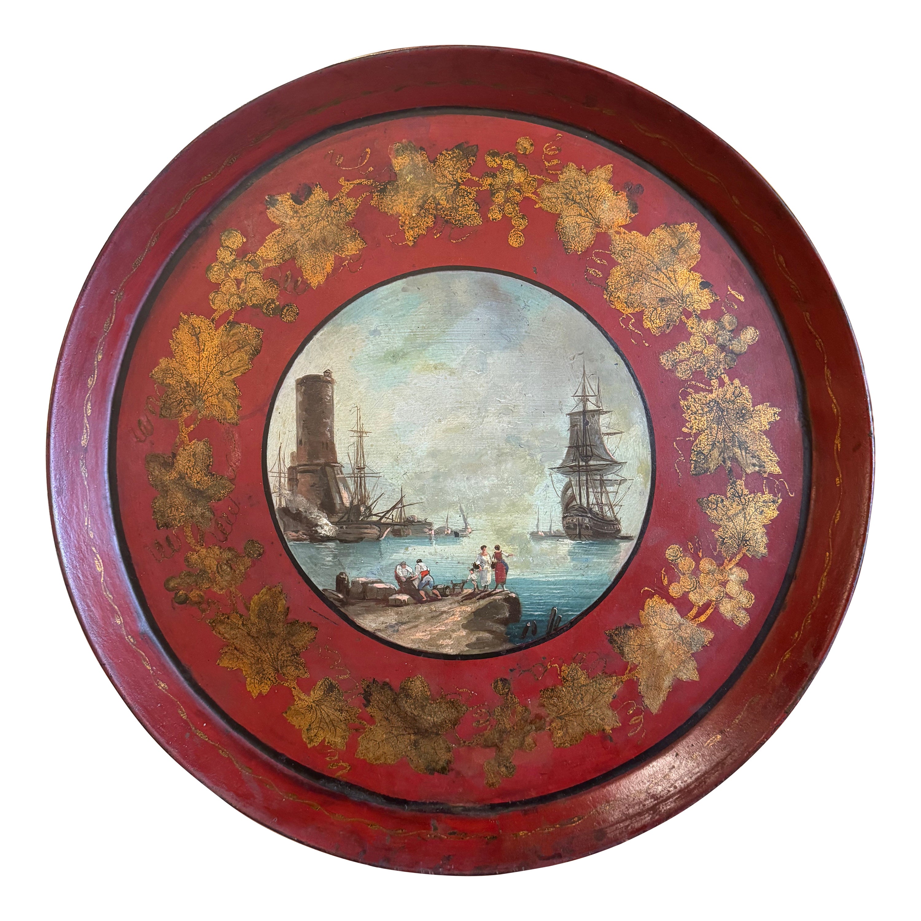 19th Century French Hand Painted & Gilt Tole Tray with Harbor Scene Vernet Style