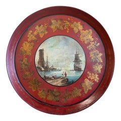 Bandeja de Tole Francesa del Siglo XIX Pintada a Mano y Dorada con Escena de Puerto Estilo Vernet