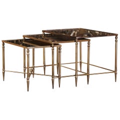French Maison Bagues Brass and Églomisé Glass Nesting Tables, Mid-Century
