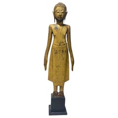 Tall Carved Wood and Gilt Standing Serene Temple Shrine Thai Siam Asian Buddha