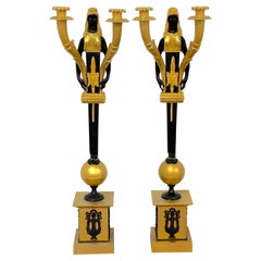 Pair of Empire Style Egyptian Caryatid Two-Light  Ormolu & Patinated Candelabra