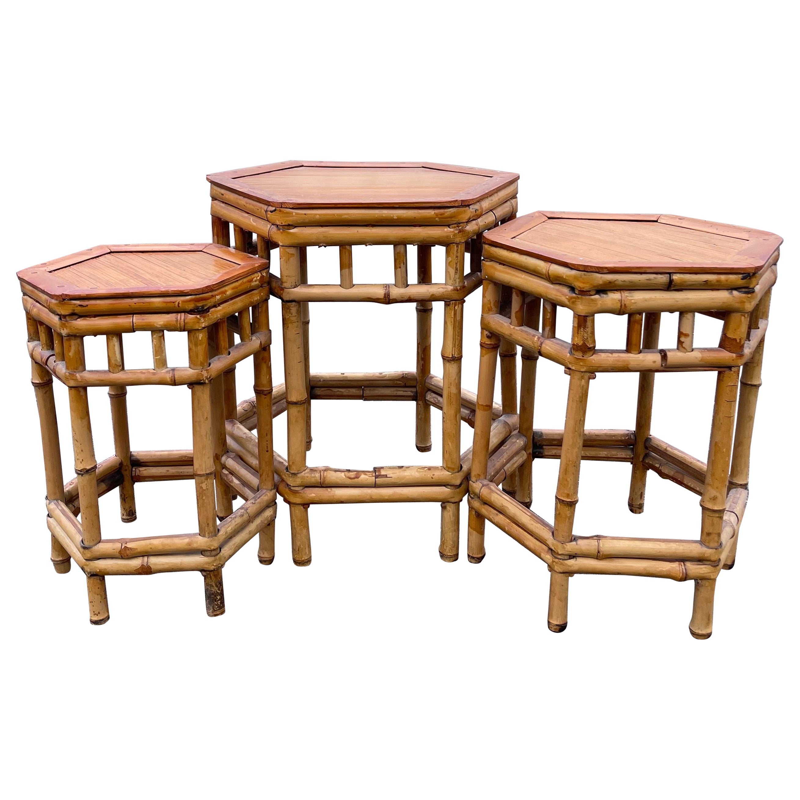 Boho Bamboo Rattan Staggered Nesting Stacking Tables or Plant Stands, Set of 3