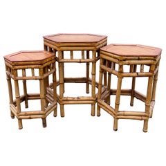 Boho Bamboo Rattan Staggered Nesting Stacking Tables or Plant Stands, Set of 3