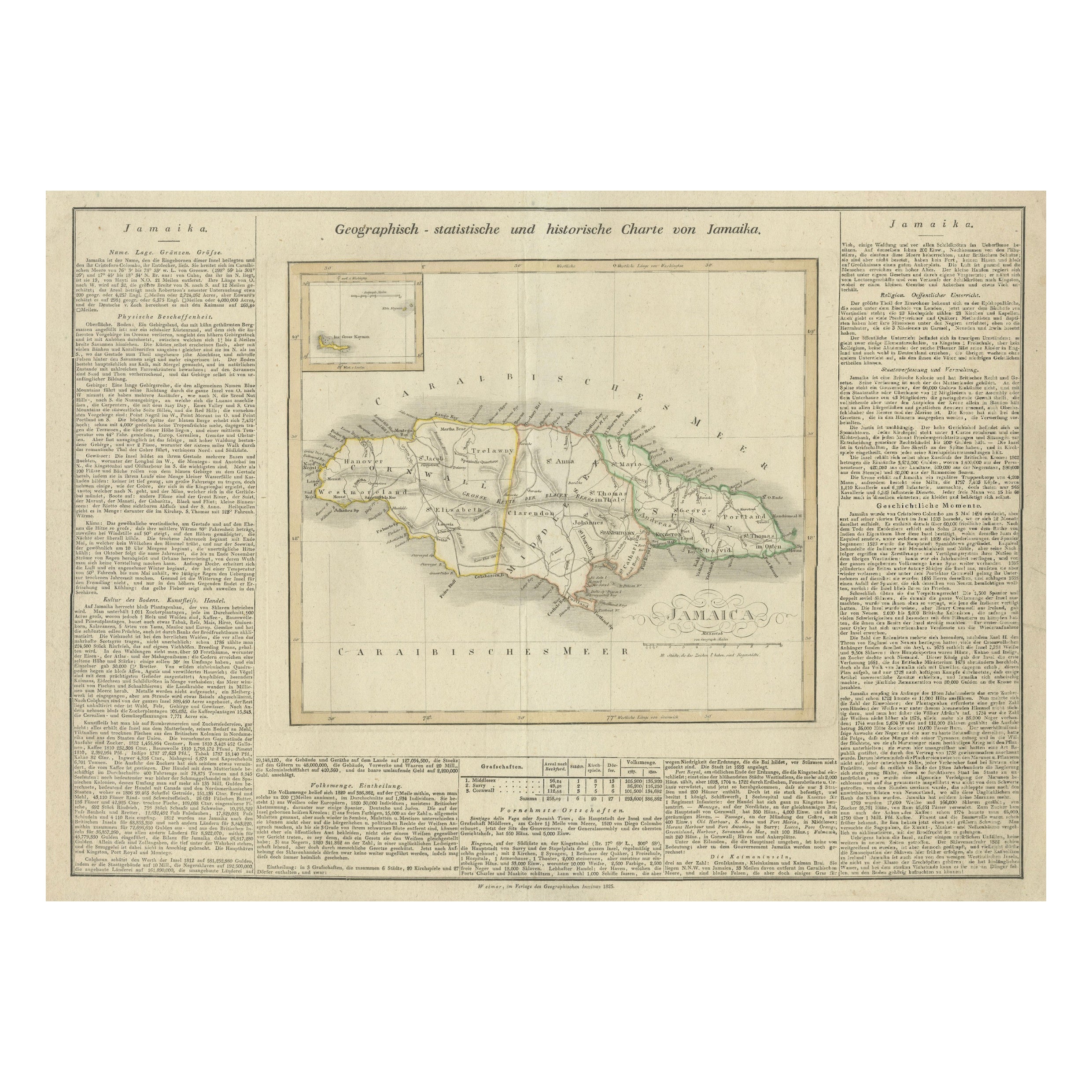 Detailed Antique Map of Jamaica - Published in Weimar, 1825