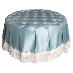 The Amelia Ottoman, deep buttoned blue silk, silk stripe & bullion fringe