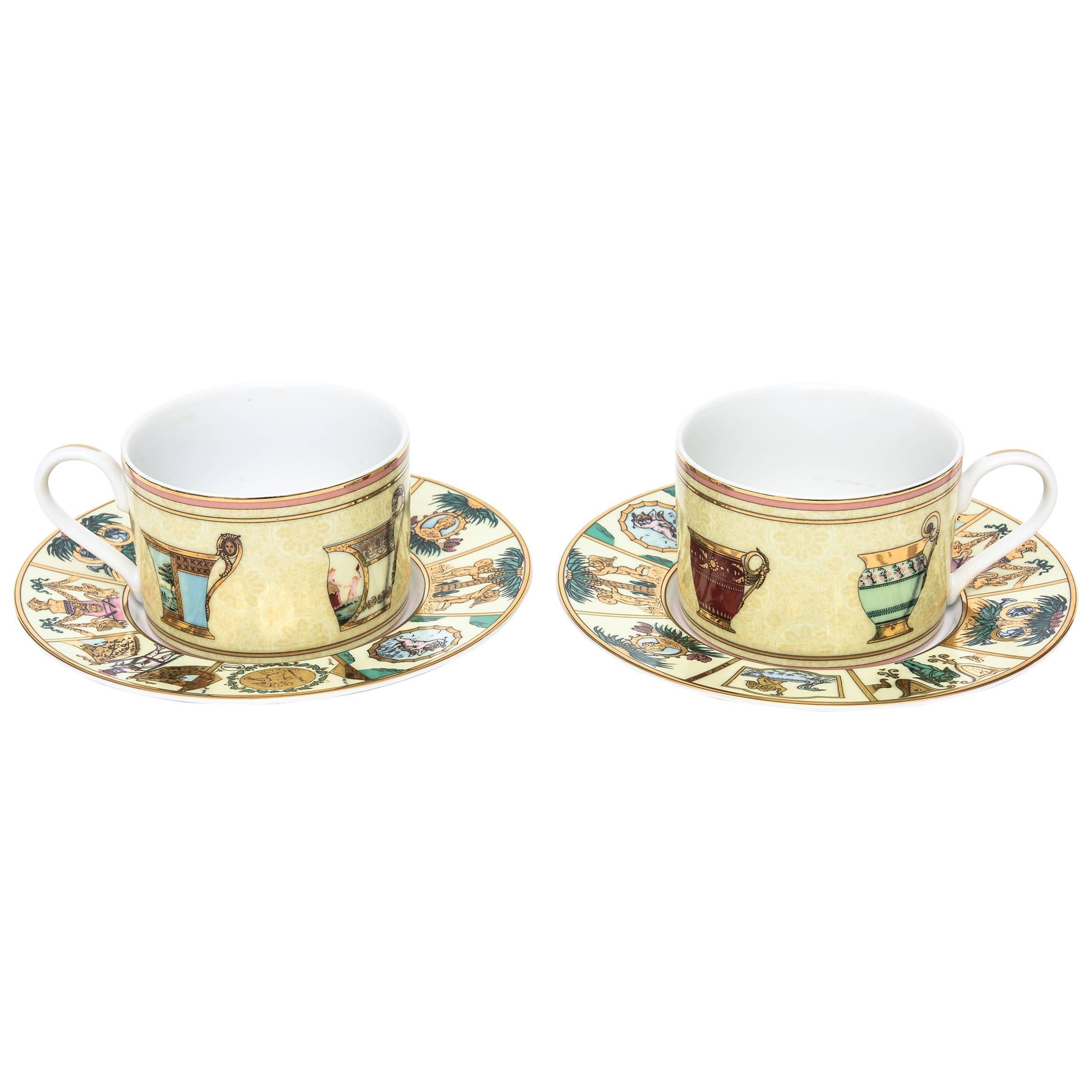 Pair of Gucci Greek Mythological Porcelain Cups and Saucers