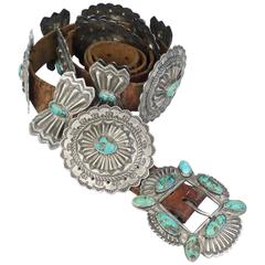 Stamped Silver Concho Belt with Turquoise, circa 1940