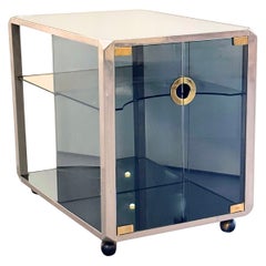 Glass and Polished Steel Bar Cart Cabinet by Willy Rizzo for Mario Sabot