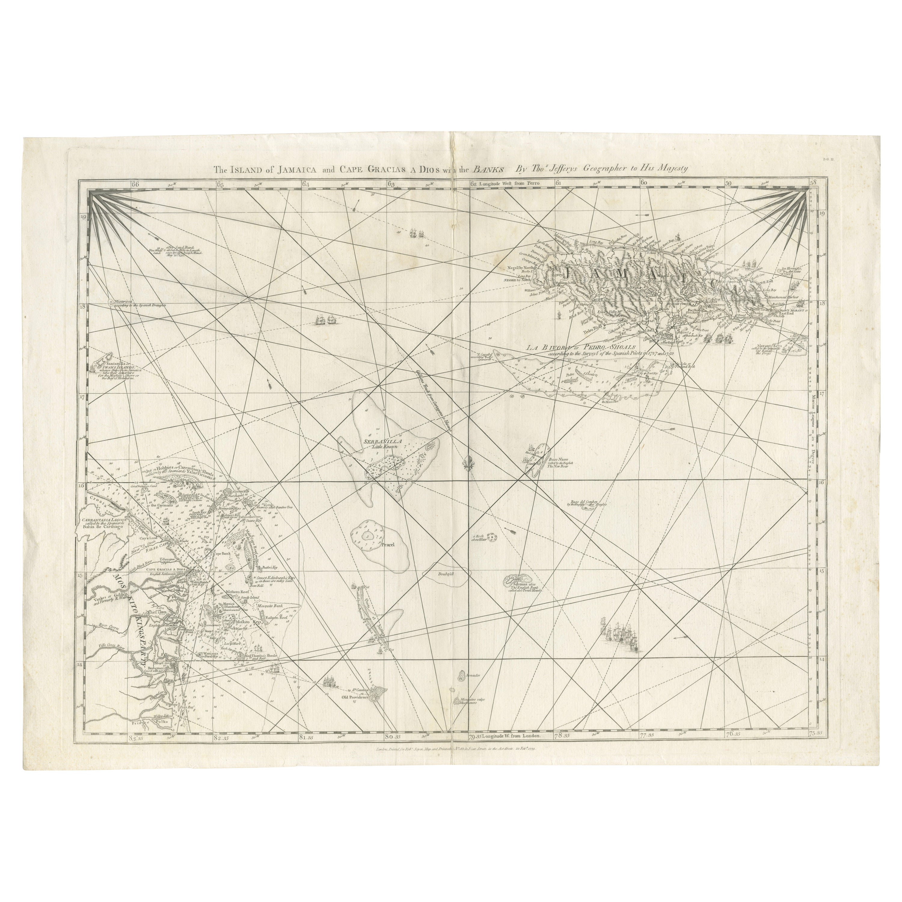 Navigational Chart of Jamaica, Cape Gracias a Dios, and the Mosquito Coast, 1775 For Sale