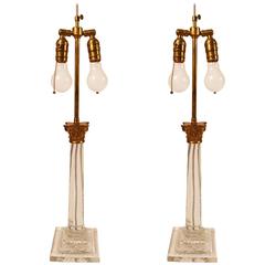 Pair of Classical Glass Column Table Lamp with Brass Corinthian Capital