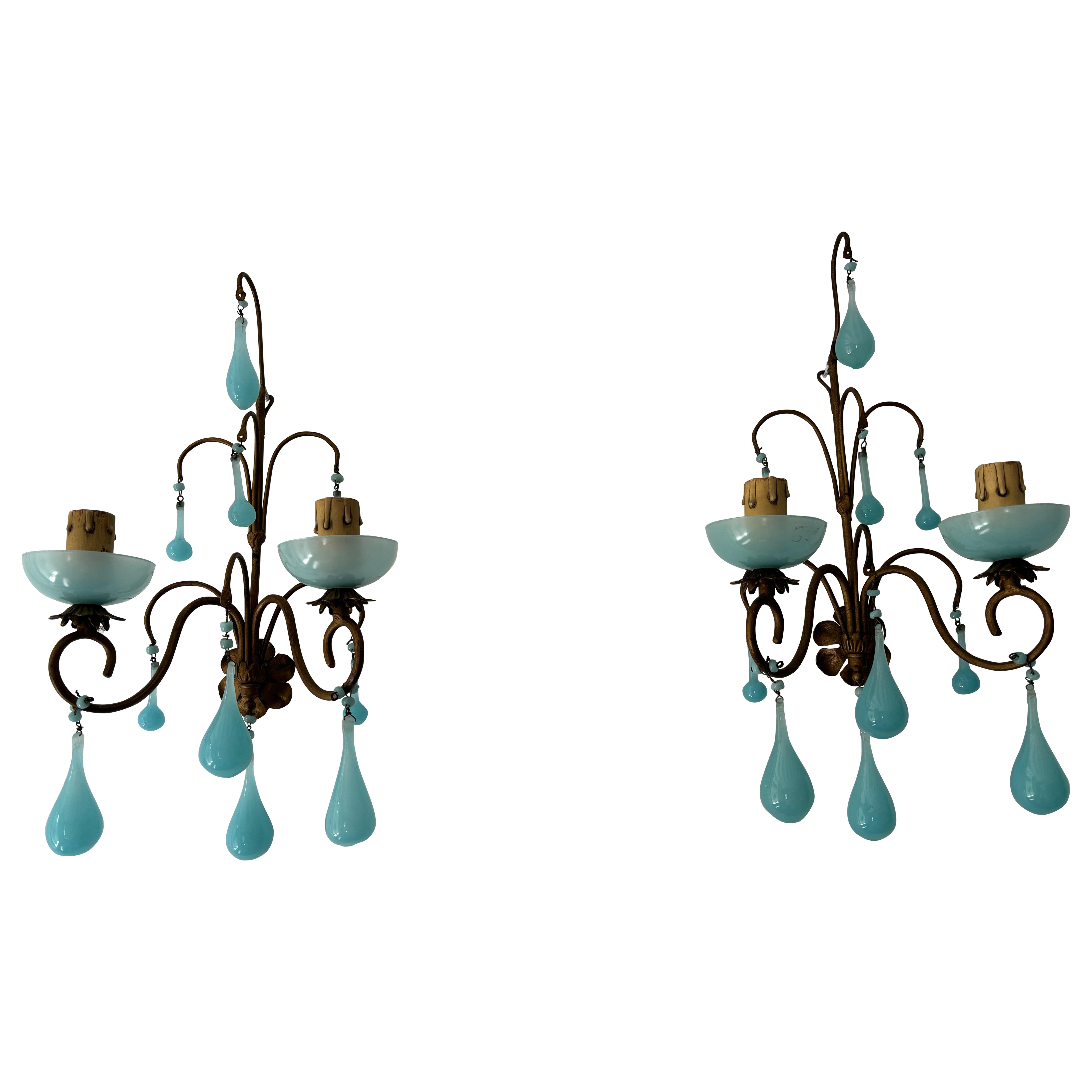 French Aqua Blue Opaline Drops Bobeches  & Beads Sconces C 1920