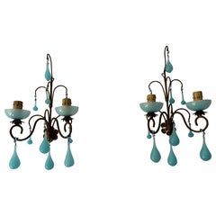 French Aqua Blue Opaline Drops Bobeches  & Beads Sconces C 1920