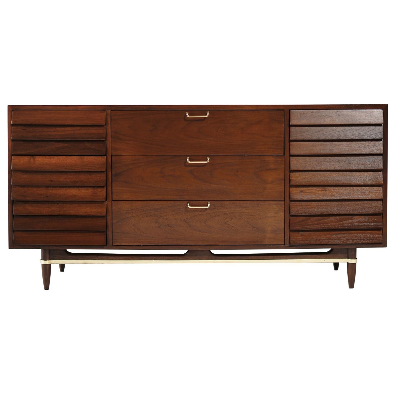 Mid Century Modern Walnut Dresser with Brass Accents, C. 1950s