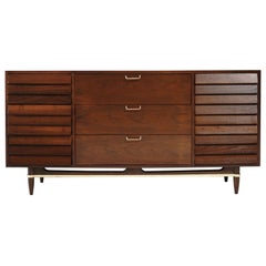 Vintage Mid Century Modern Walnut Dresser with Brass Accents, C. 1950s