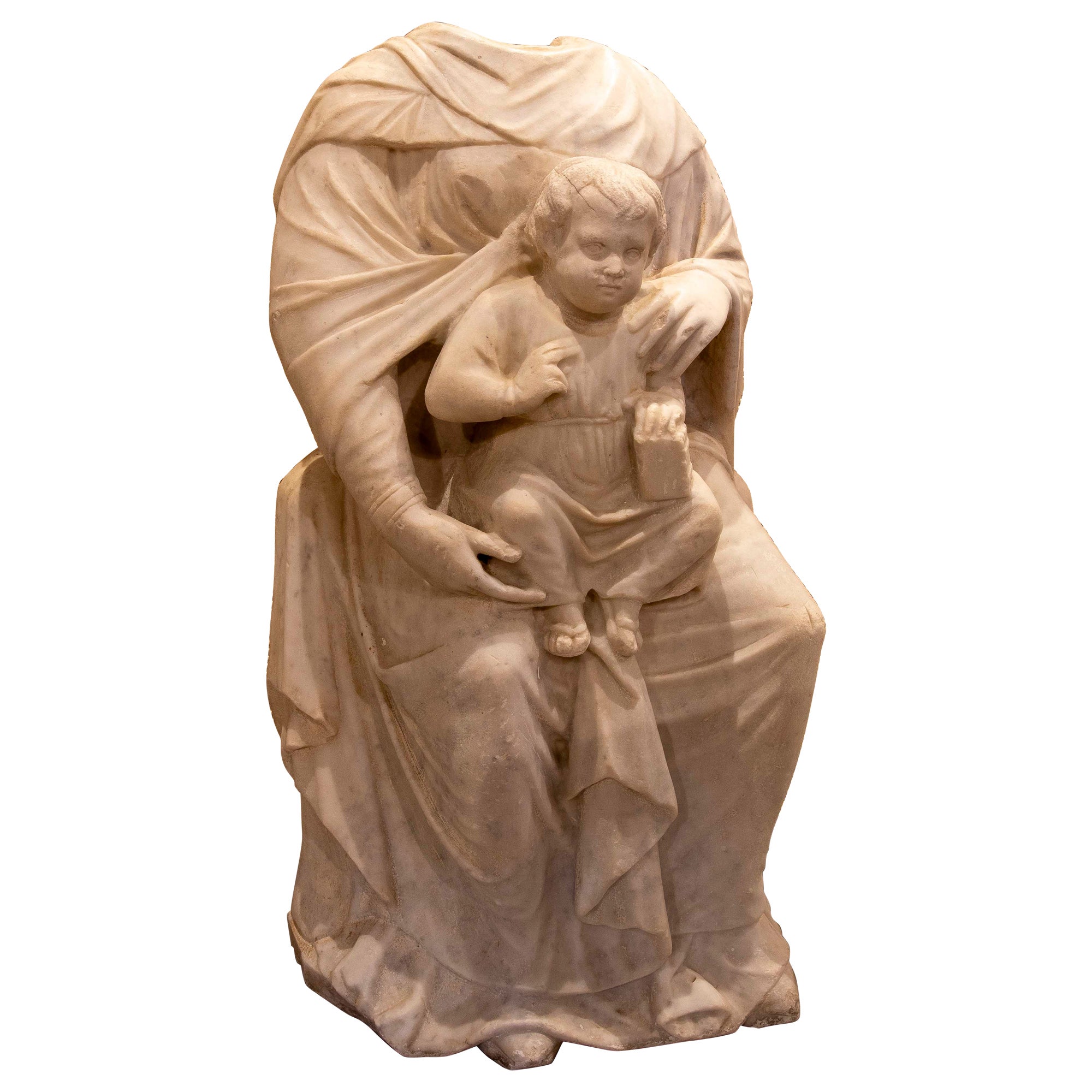 17th Hand Carved Marble Sculpture of Virgin with Child