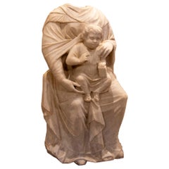 Antique 17th Hand Carved Marble Sculpture of Virgin with Child