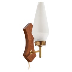 Swedish Designer, Wall Light, Brass, Teak, Glass, Sweden, 1950s
