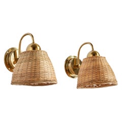 EWÅ Värnamo, Wall Lights, Brass, Rattan, Sweden, 1970s