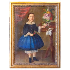 19° Ritratto di ragazza dipinto a olio su tela, con cornice