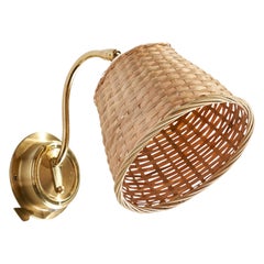 EWÅ Värnamo, Wall Light, Brass, Rattan, Sweden, 1970s