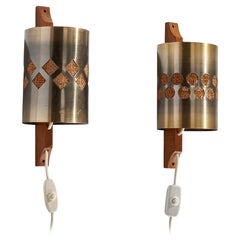 Nils H. Ledung, Wall Lights, Copper, Oak, Raffia, Sweden, 1960s