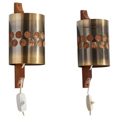 Nils H. Ledung, Wall Lights, Copper, Oak, Raffia, Sweden, 1960s