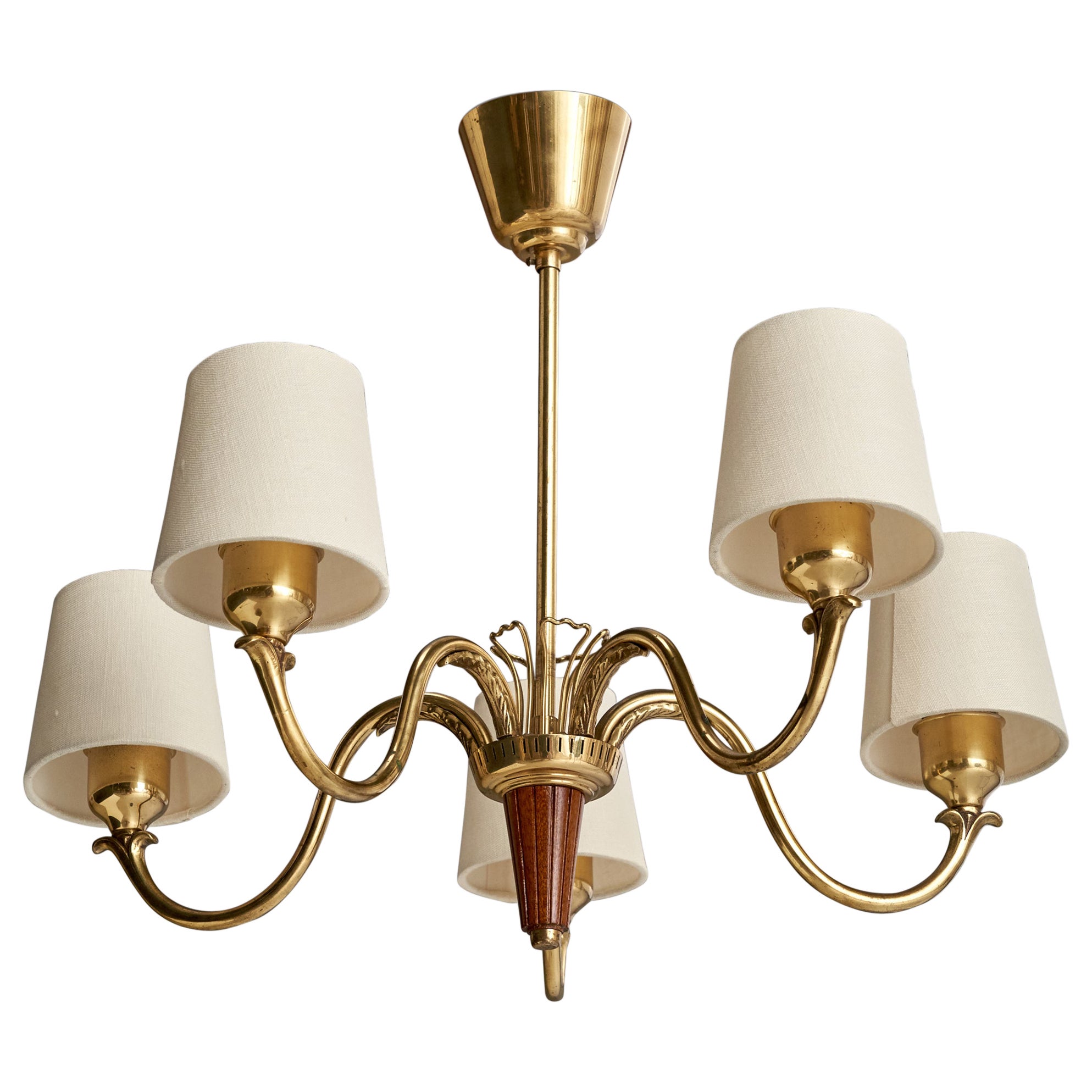 Bröderna Malmströms Metallvarufabrik, Chandelier, Brass, Wood, Sweden, 1952