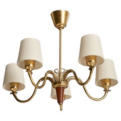 Bröderna Malmströms Metallvarufabrik, Chandelier, Brass, Wood, Sweden, 1952