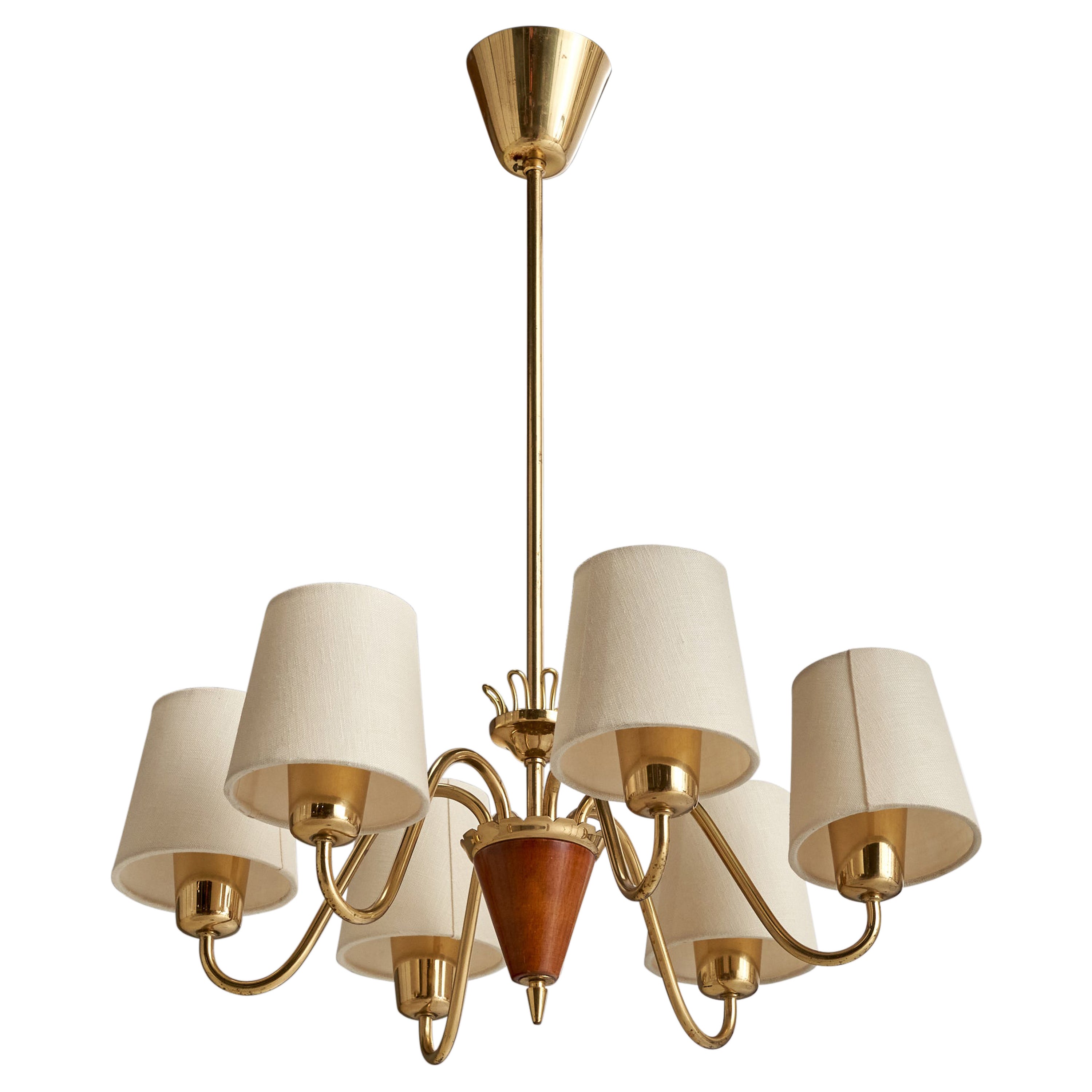 Swedish Designer, Chandelier, Brass, Wood, Fabric, Sweden, 1940s