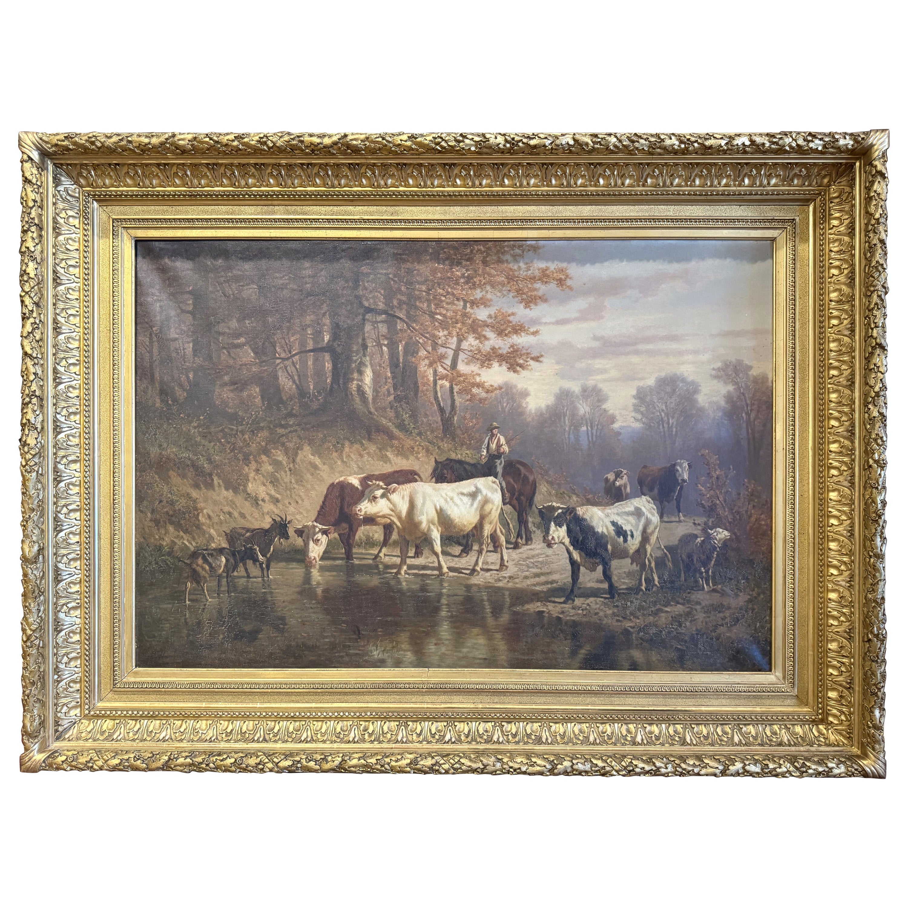 Siglo XIX Pintura al óleo sobre lienzo Vaca en marco tallado Firmado Charles Humbert