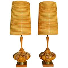 Pair of MCM Yellow Ceramic and Walnut Lamps and Shades