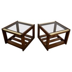 Vintage Pair of 1970's Mid-Century Modern Smoked Glass & Brass End Tables
