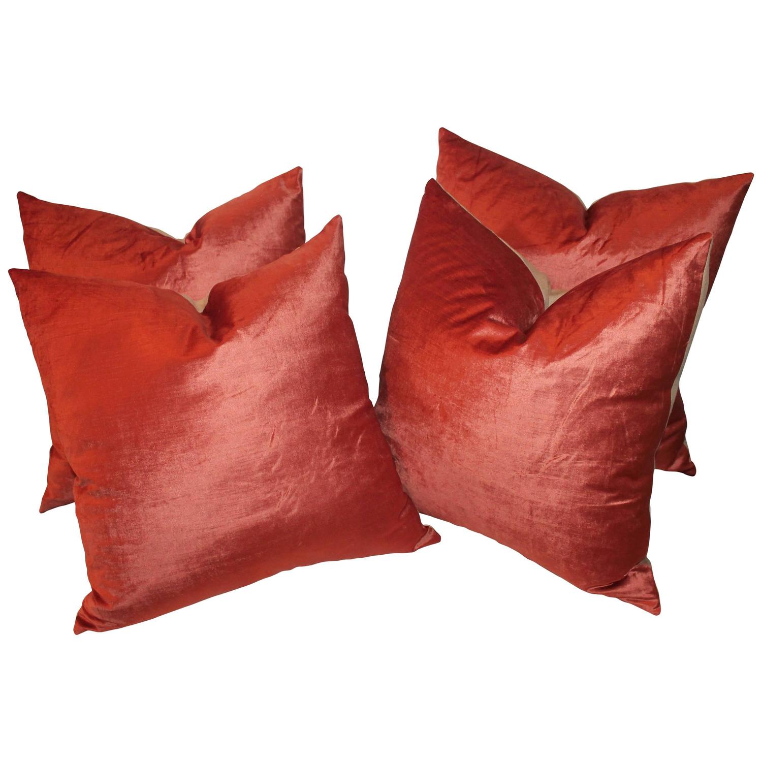 Silky Coral Velvet Pillows, Pair at 1stdibs