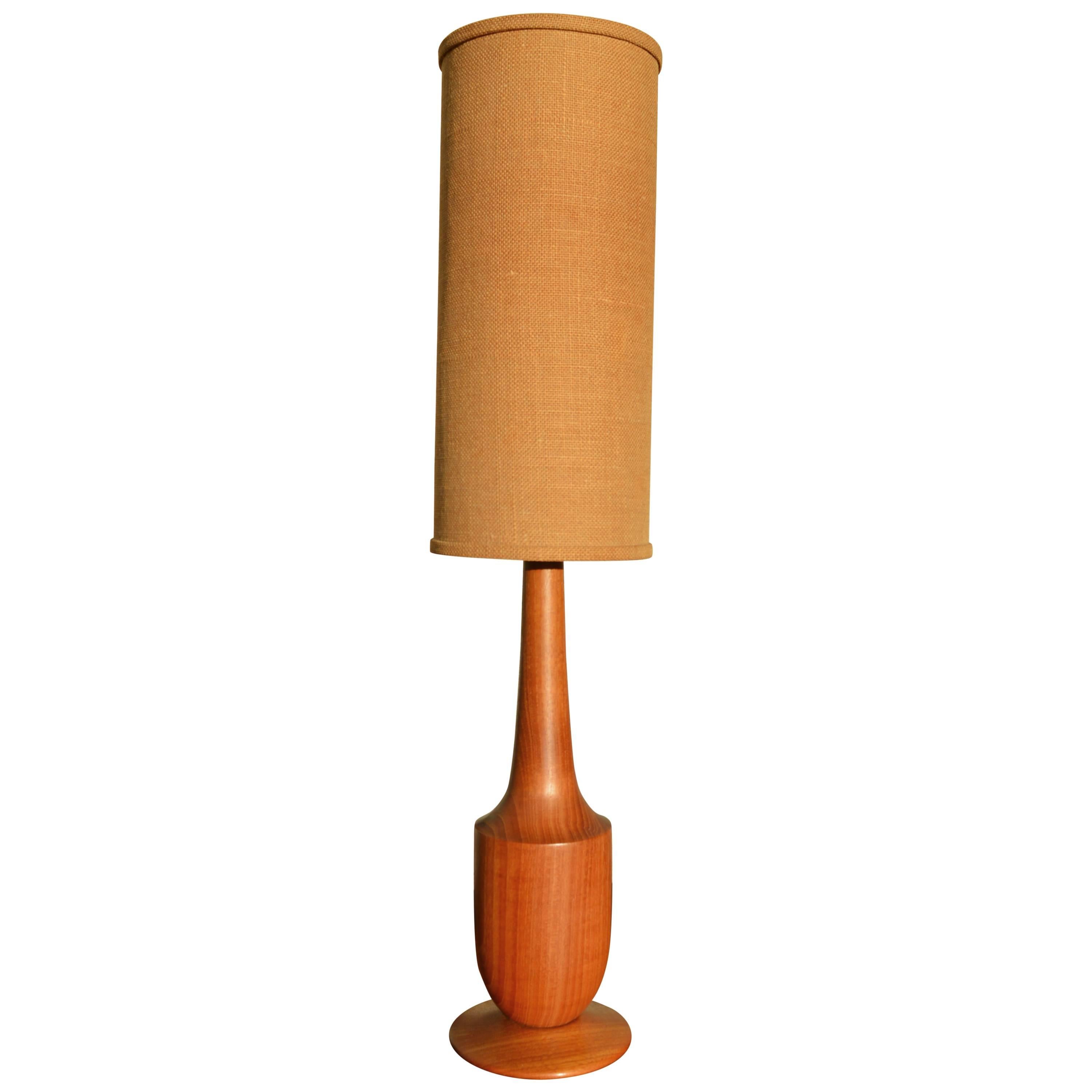 Solid Teak Sculptural Tall Lamp with Jute Cylinder Shade