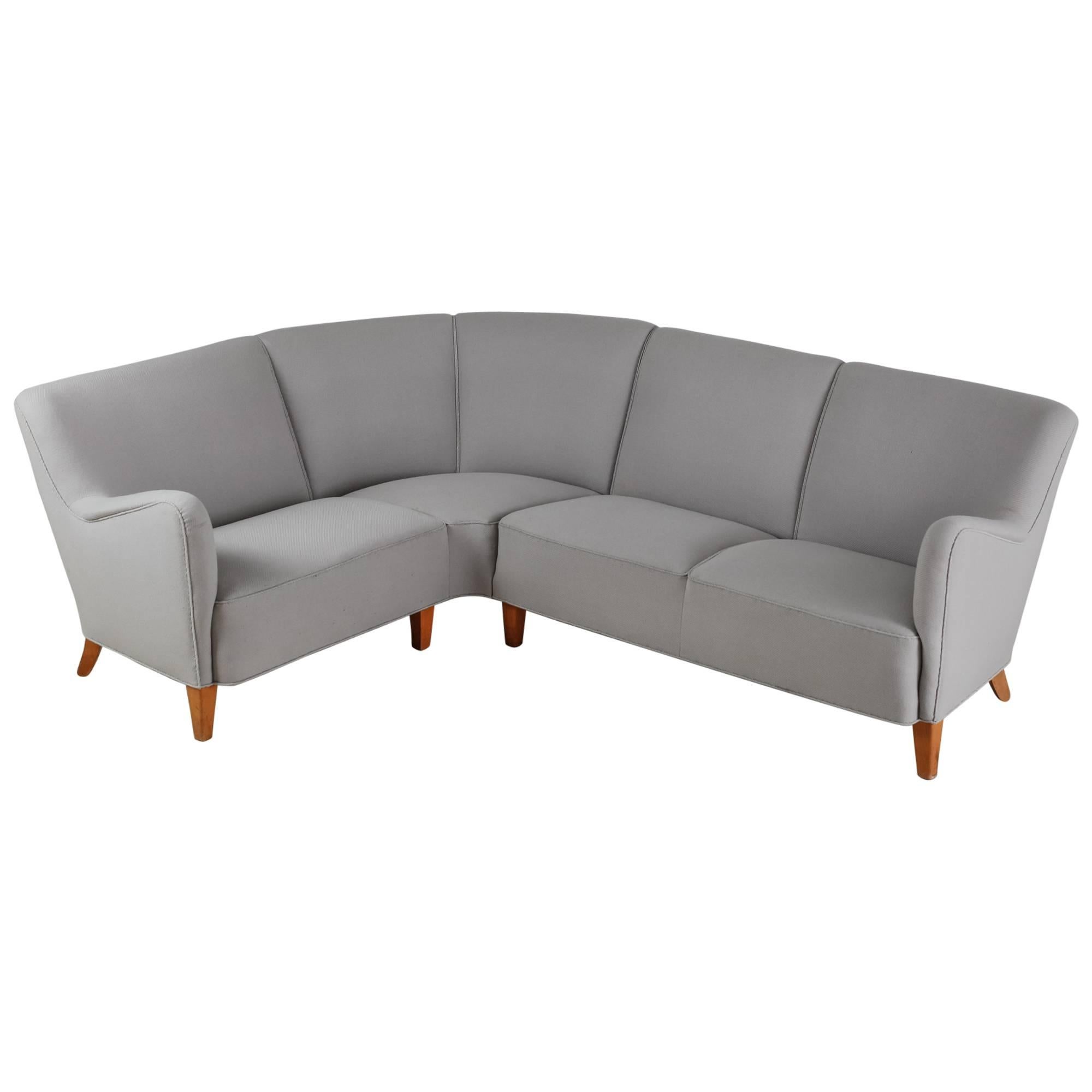 Corner Sofa with Light Grey Wool Upholstery, Denmark, 1940s For Sale