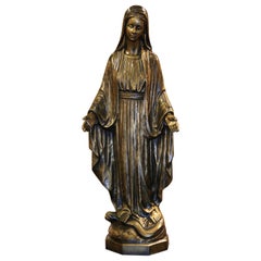 Mid-Century Italian Carved Bronze Virgin Mary Statue Standing on Globe