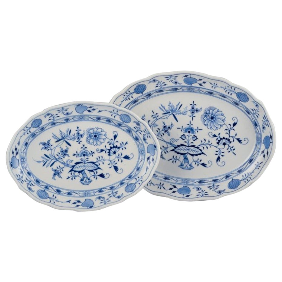 Meissen, Germania, due piatti da portata ovali Blue Onion in porcellana.